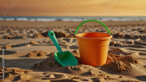 Silicone beach toys, bucket, shovel on sand color background.