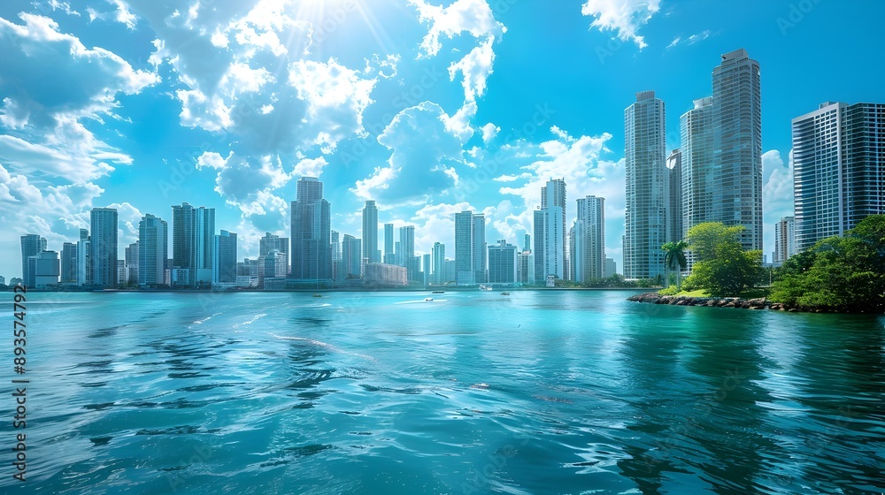 Fototapeta premium Captivating Coastal Skyline with Towering Skyscrapers and Scenic Waterfront