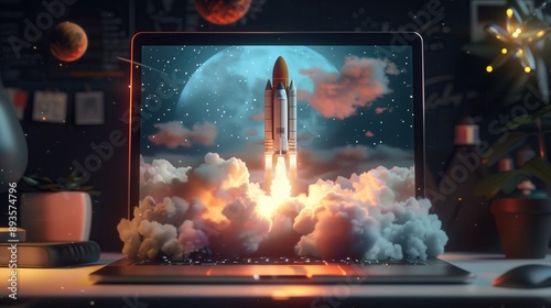 Rocket Launching from Laptop Screen - Digital Creativity