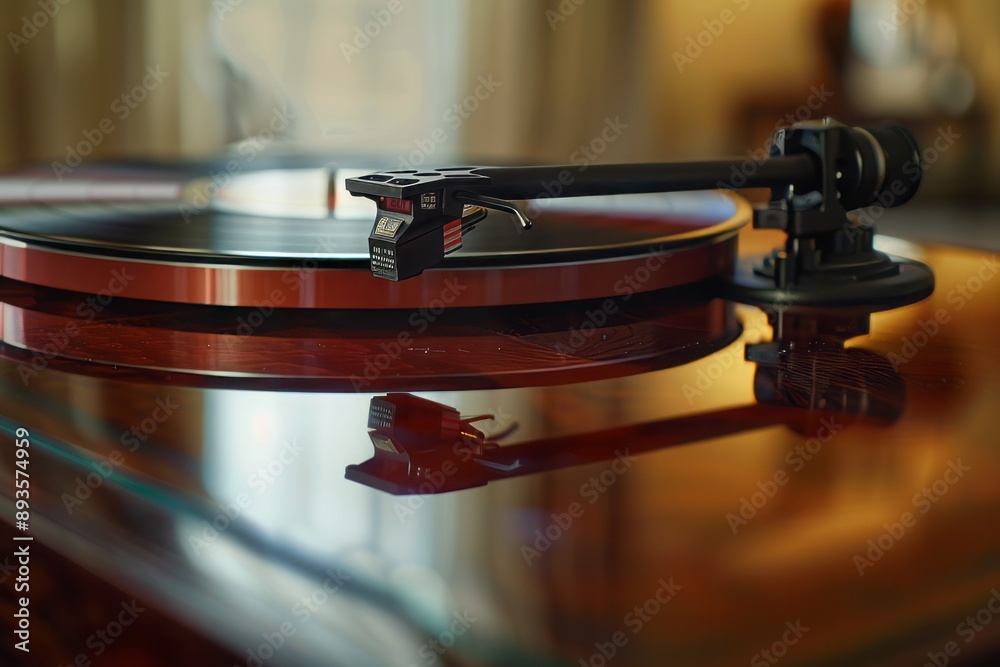 Obraz premium A detailed shot of a vintage vinyl record player spinning a classic album.