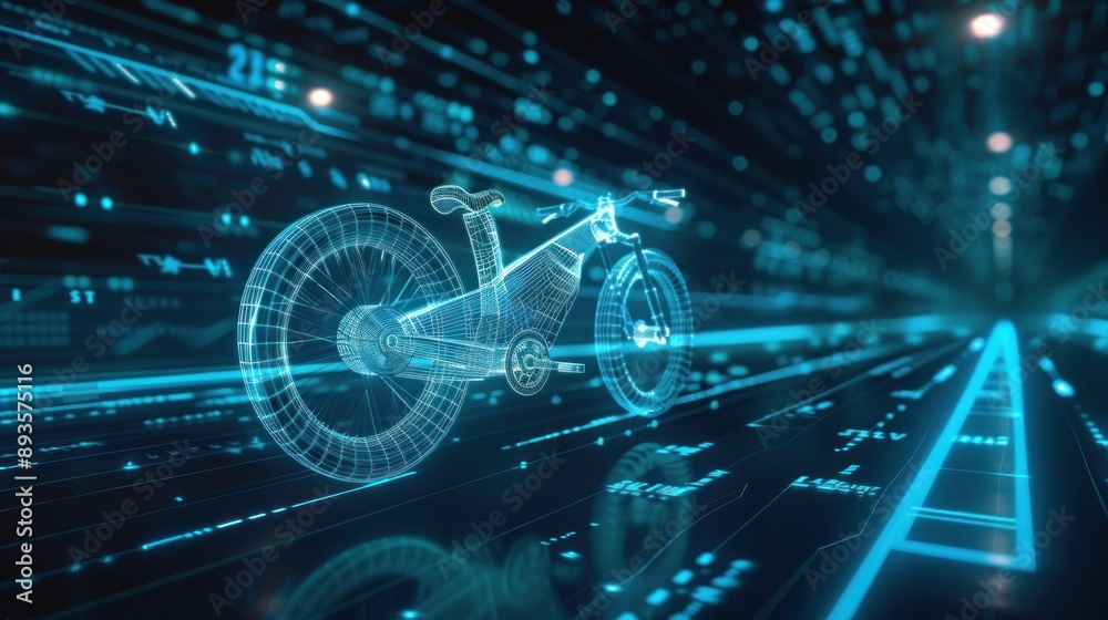 Digital Wireframe of a Bicycle in a Futuristic Setting Digital Wireframe of a Bicycle in a Futuristic Setting