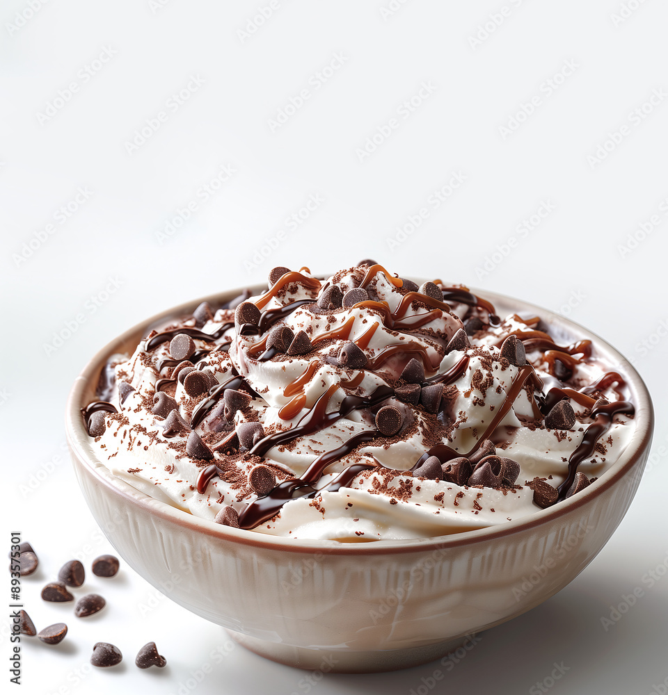 Chocolate ice cream served in a bowl with chocolate topping on white background with copy space. Chocolate ice cream served in a bowl with chocolate topping on white background with copy space.