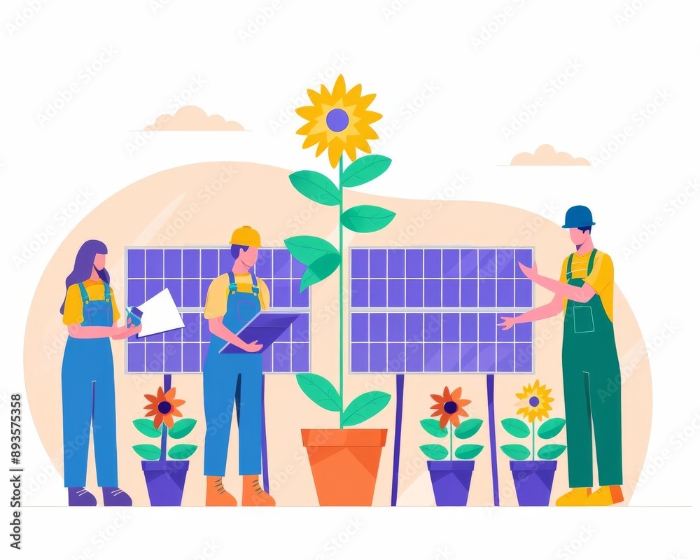 Fototapeta premium Group of volunteers installing solar panels, conservation action, energy control