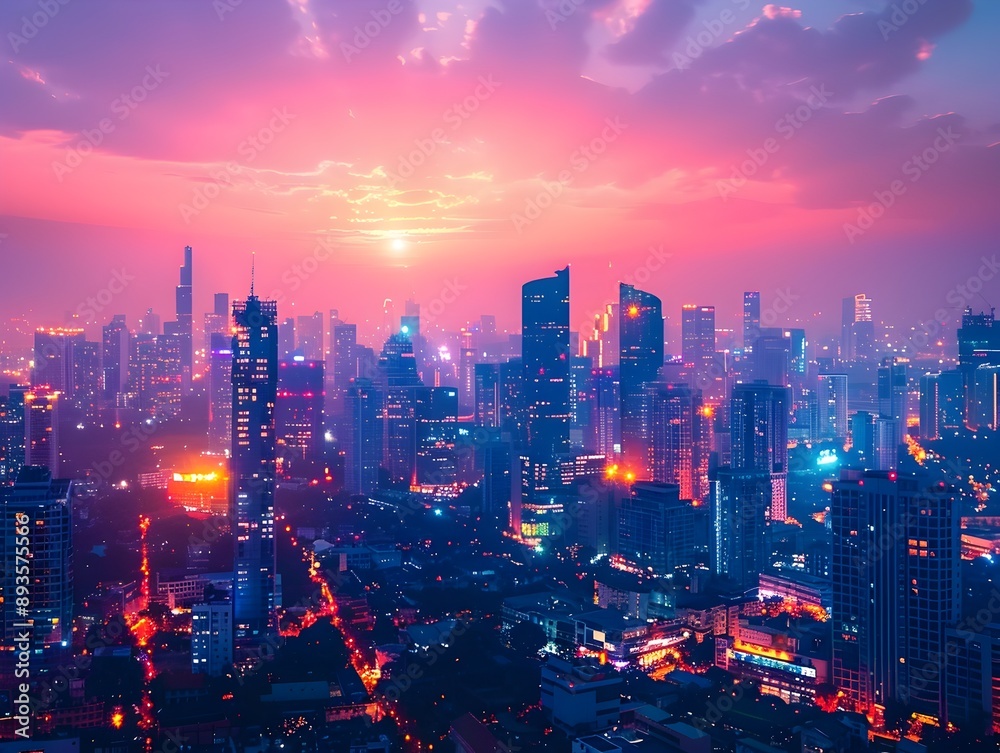 Mesmerizing Evening Cityscape with Illuminated High Rise Buildings and Vibrant Nightlife Mesmerizing Evening Cityscape with Illuminated High Rise Buildings and Vibrant Nightlife