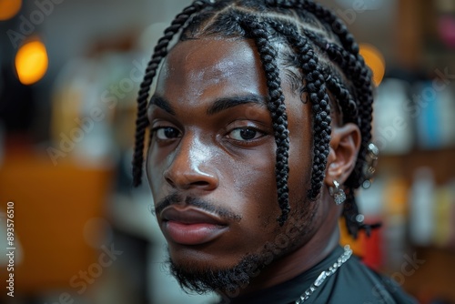 A man with intricately braided hair looks confidently at the camera, showcasing his unique style and self-assuredness, representing individuality and cultural expression.