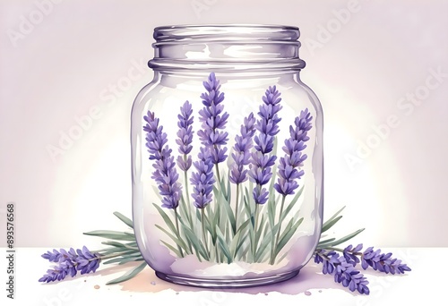 Watercolor Lavenders in a Glass Vase Illustration on White Background with Space for Text