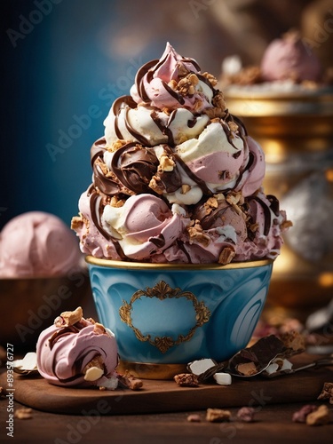 Classic and indulgent rocky road ice cream in a cup, cinematic food dessert photography	 photo