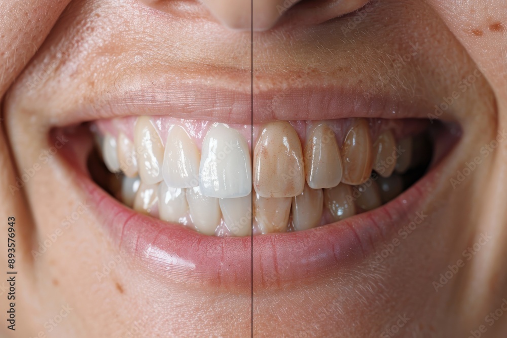 Fototapeta premium Side-by-side comparison of teeth before and after whitening treatment, showing the dramatic difference professional dental care can make in enhancing one's smile and overall appearance.