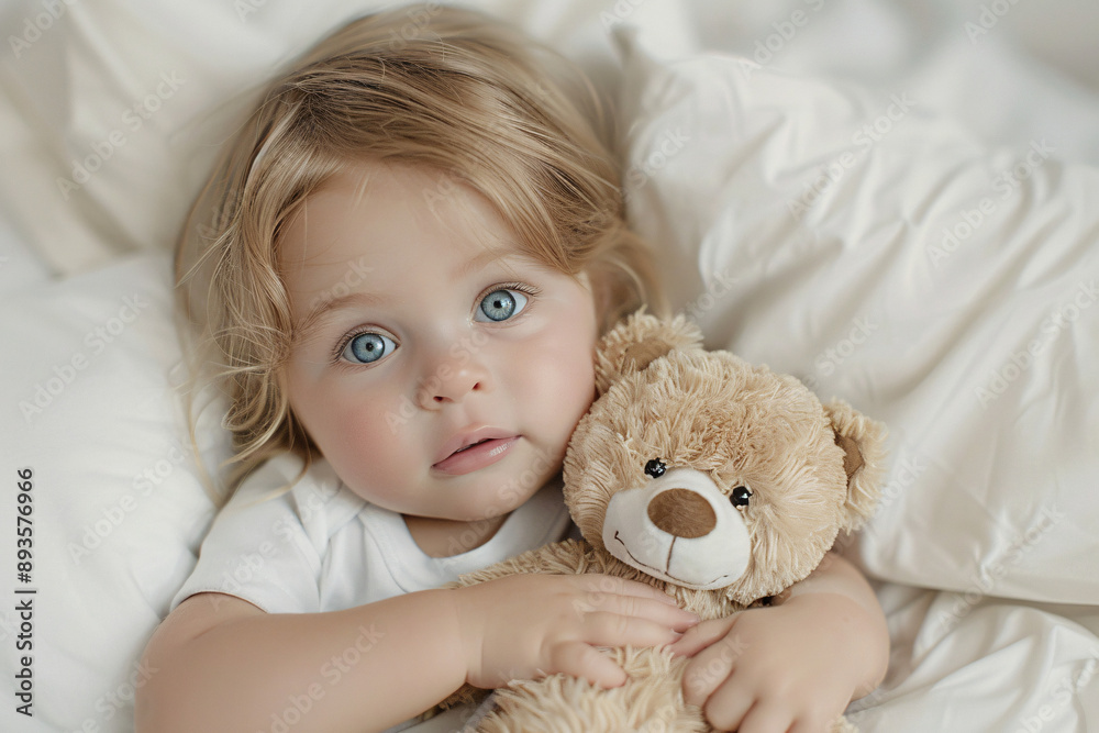 A little girl with grey eyes, lonely baby, wearing white and holding her teddy bear in bed, A little girl with grey eyes, lonely baby, wearing white and holding her teddy bear in bed,