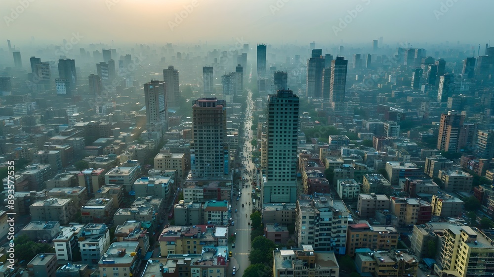Obraz premium Bustling Aerial View of a Thriving Metropolis with Towering Skyscrapers and Busy City Streets
