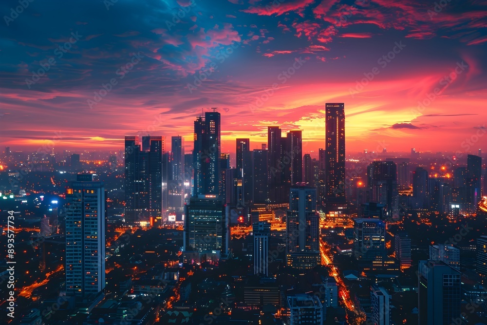 Fototapeta premium Vibrant Cityscape at Twilight with Soaring Skyscrapers and Colorful Sky