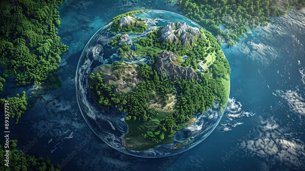 Fototapeta premium Earth as a flourishing garden, with continents made up of lush forests, mountains, and clean oceans, promoting conservation and respect for nature.