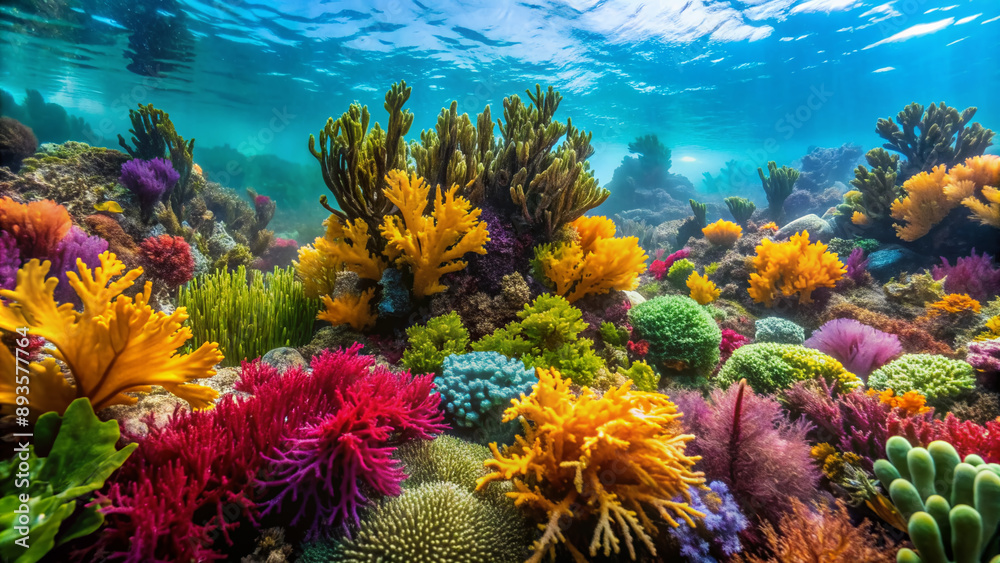 Obraz premium Vibrant laminaria and sea kale sway gently in the current, surrounded by a kaleidoscope of marine life on a thriving saltwater reef ecosystem.