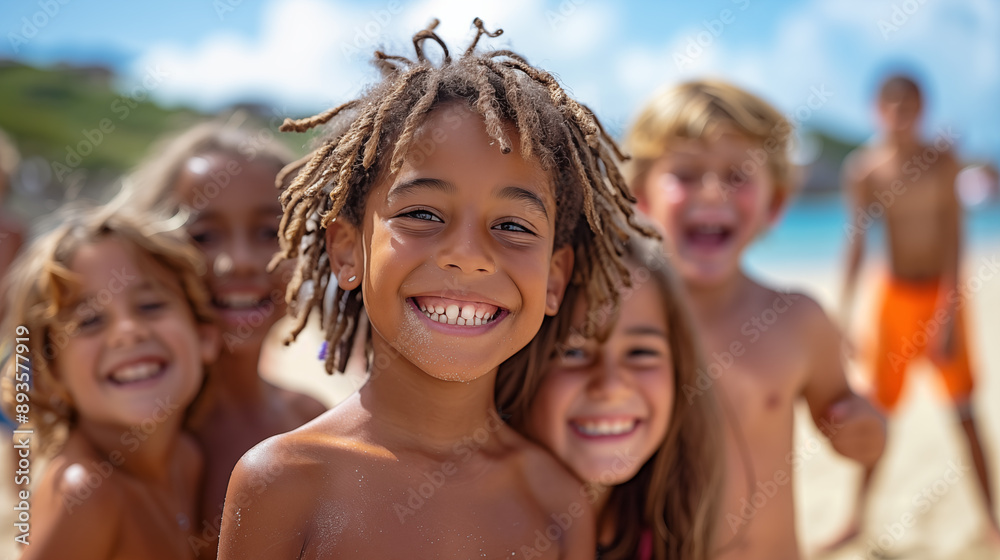 Portrait of happy kids at beach during summer vacation on sunny day Portrait of happy kids at beach during summer vacation on sunny day