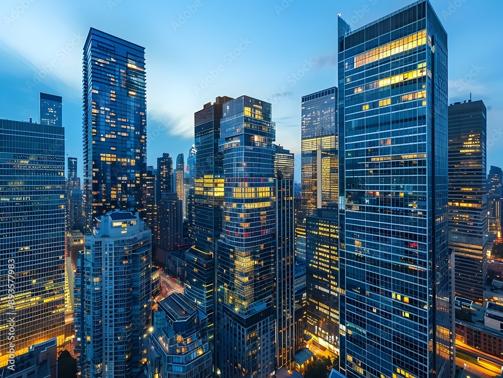 Bustling Downtown Cityscape with Illuminated High Rise Buildings at Night Bustling Downtown Cityscape with Illuminated High Rise Buildings at Night