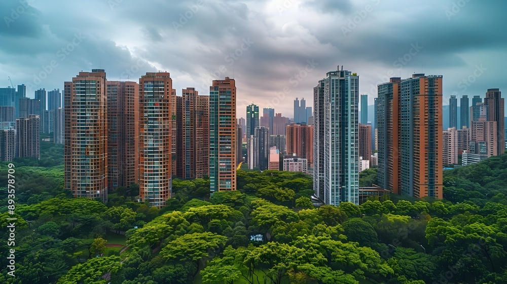 Obraz premium Panoramic View of a Vibrant and Towering City Skyline with Green Spaces