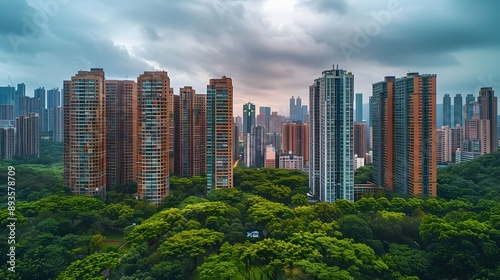 Panoramic View of a Vibrant and Towering City Skyline with Green Spaces