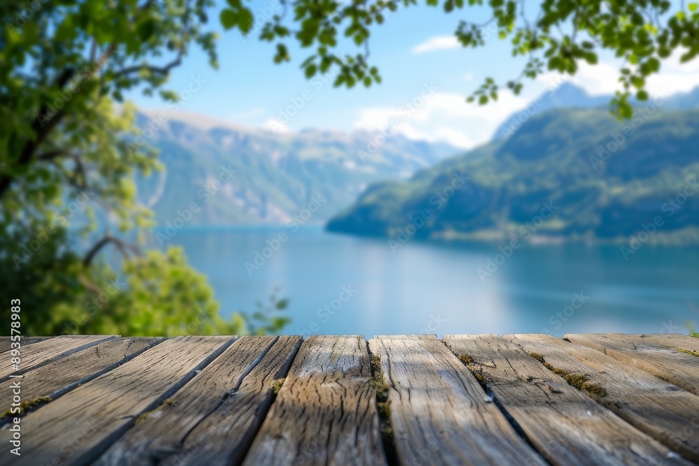 Take a break at a tranquil winter lake, enjoy an idyllic scene at the wooden dock with picturesque mountains in the background. A serene and refreshing vacation spot in the wilderness