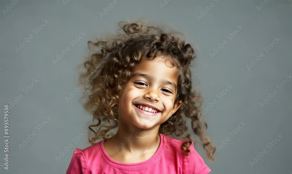 portrait of smiling little girl with curly hair isolated on grey background portrait of smiling little girl with curly hair isolated on grey background