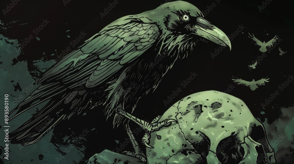 Fototapeta premium Horror illustration: A tattered green zombie crow perched on a human skull, with a black background and unique artistic style