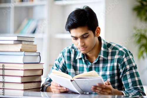 Indian student studying with a stack of textbooks
 photo