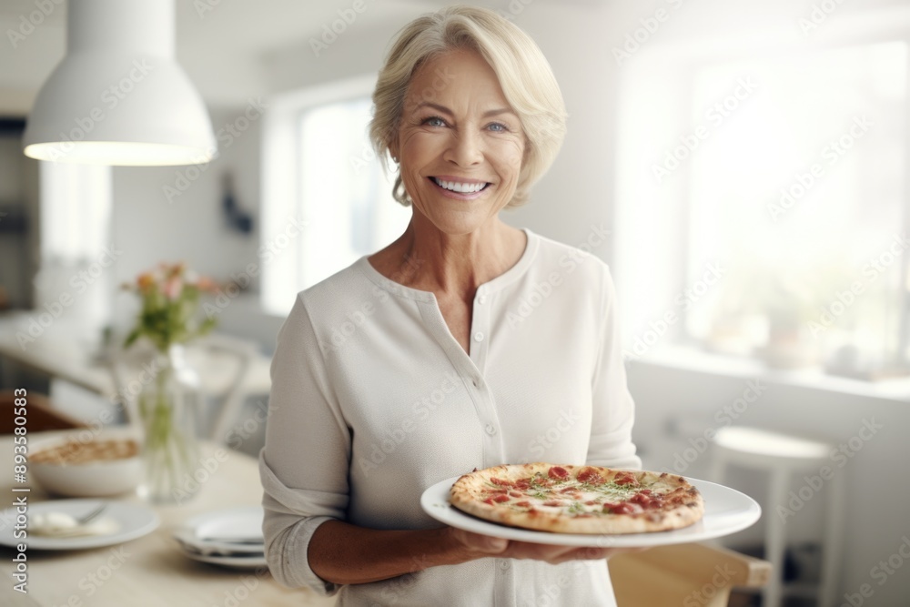 senior woman happy expression and pizza concept . ai generated senior woman happy expression and pizza concept . ai generated