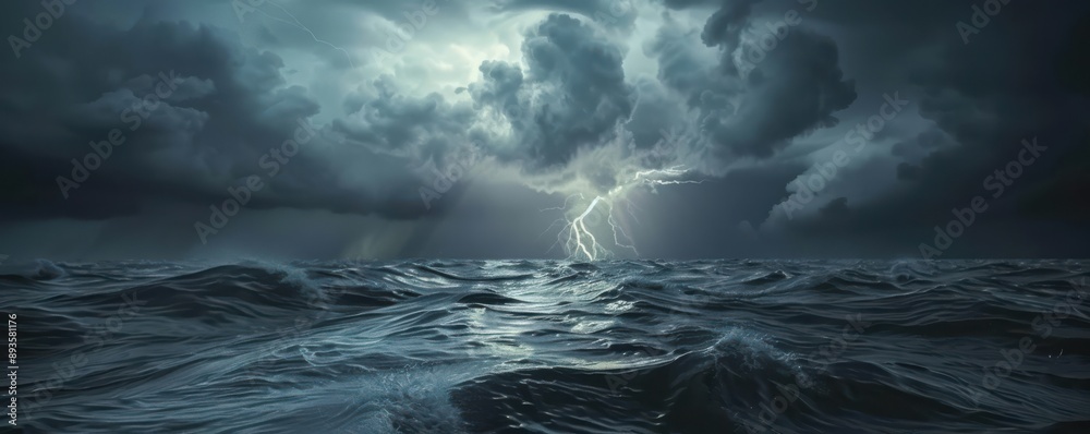A stormy ocean with a lightning bolt in the sky. Free copy space for banner. A stormy ocean with a lightning bolt in the sky. Free copy space for banner.