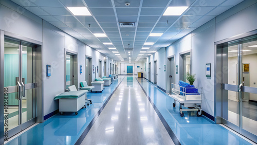 Modern hospital corridor with empty hallway, medical equipment, and several open doors, conveying a sense of efficiency, teamwork, and dedication to quality patient care.