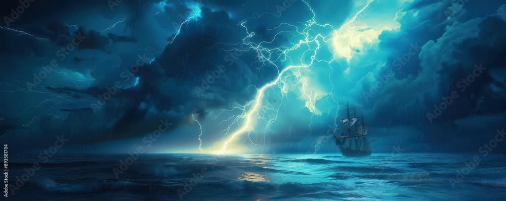 A stormy ocean with a lightning bolt in the sky. Free copy space for banner. A stormy ocean with a lightning bolt in the sky. Free copy space for banner.