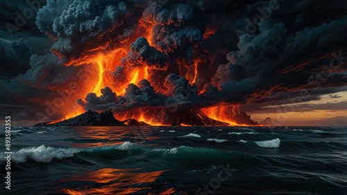 Dramatic sunset with fiery flames burning across the beach and sea under a colorful, smoky sky