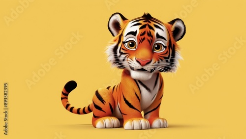 Adorable Tiger Cub: A charming and playful cartoon tiger cub sits against a vibrant yellow background, showcasing its endearing features and playful nature. The image evokes feelings of warmth, innoce photo