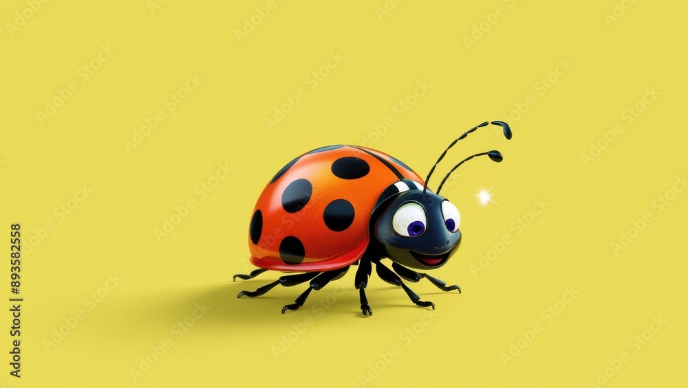 Cheerful Ladybug on Yellow Background: A cartoon ladybug with a happy expression, against a vibrant yellow background. This image is perfect for children's books, educational materials, or any proje Cheerful Ladybug on Yellow Background: A cartoon ladybug with a happy expression, against a vibrant yellow background. This image is perfect for children's books, educational materials, or any proje