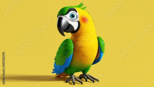 A colorful blue and yellow macaw parrot perched on a green tree branch in a tropical setting (198 characters) photo