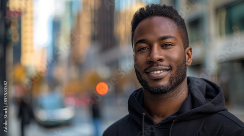 A very happy and handsome muscular black male model wearing a black hoodie, fashionable style photo, with vivid and natural lighting and dynamic city background