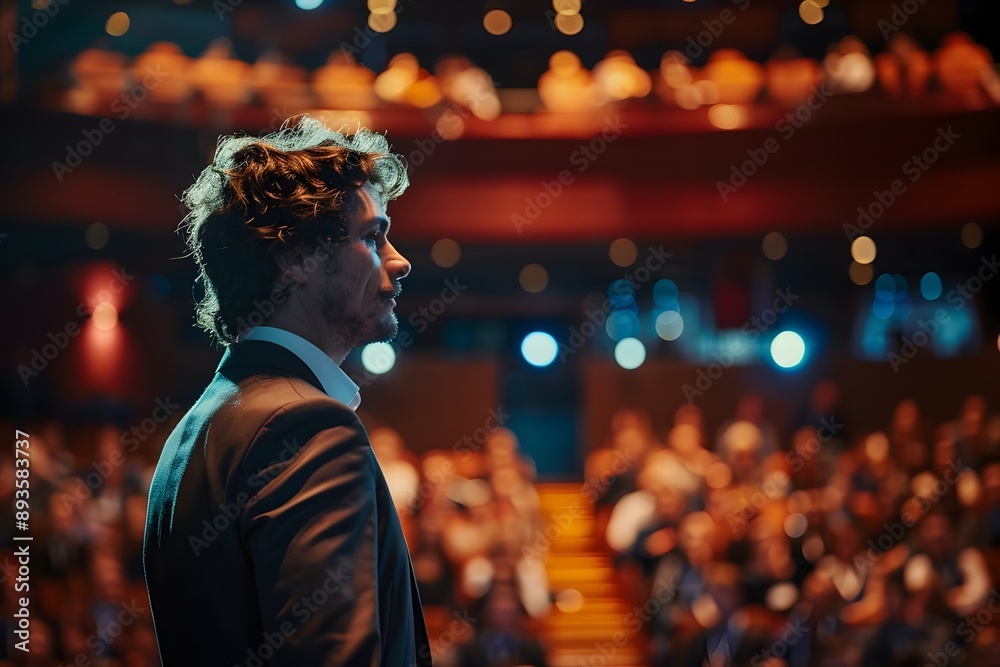 Fototapeta premium Inspiring Business Leader Addressing Large Audience at International Conference