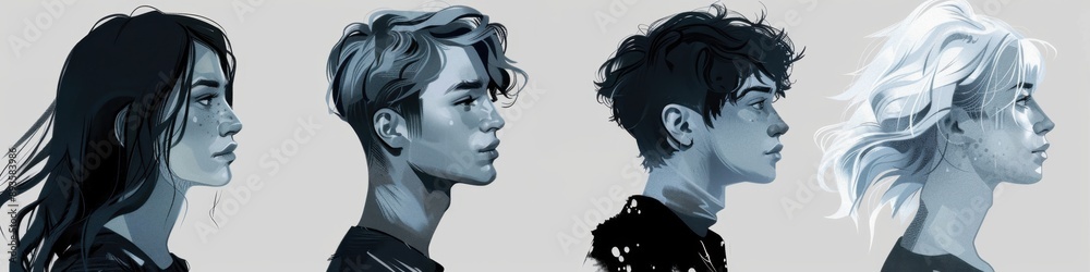 Four grey and white simple minimalistic profile pictures of men and women with different hair styles and facial features Generative AI Four grey and white simple minimalistic profile pictures of men and women with different hair styles and facial features Generative AI