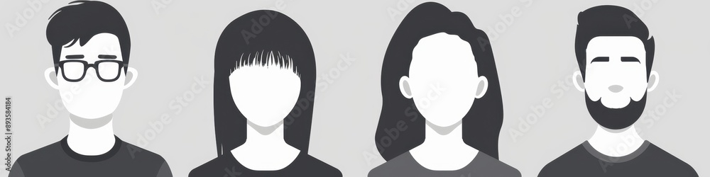 Four gray and white simple avatar images of men, women, boys and girls with no facial features in front view Generative AI