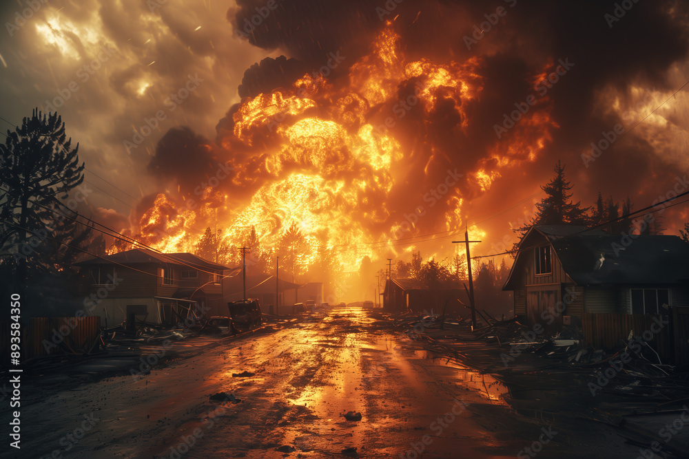 Village was covered in fires caused by heat from global warming. Wooden houses burning, smoky sky with gray smoke mixed with fire. Extreme heat and global warming effects concept Village was covered in fires caused by heat from global warming. Wooden houses burning, smoky sky with gray smoke mixed with fire. Extreme heat and global warming effects concept