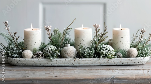 Elegant Holiday Centerpiece with Candles and Evergreen Branches for Festive Table Decor, Generative Ai