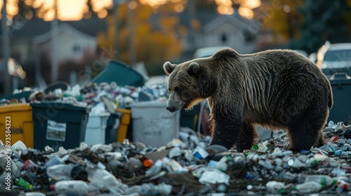 A bear pawing through overflowing dumpsters in a suburban neighborhood at dusk, Wild animal in garbage, Human-wildlife interaction photo