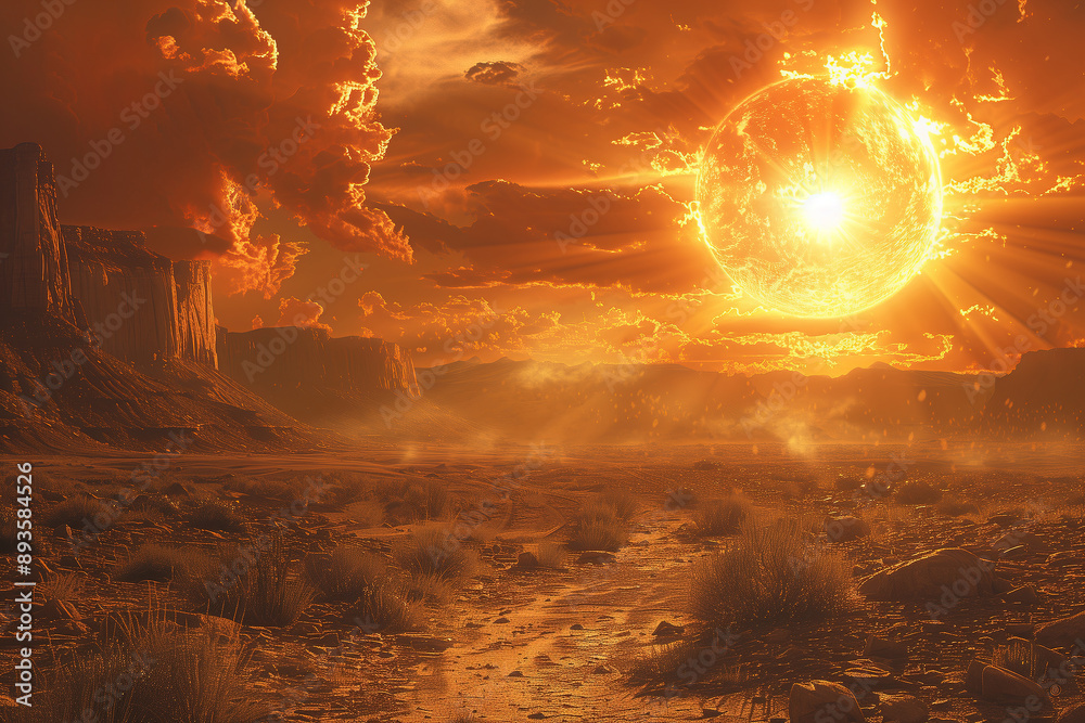 Heat and global warming concept. Fiery hot sun emits fiery rays onto parched, lifeless earth, painting landscape in fiery orange tones. Sparse dry plants, extreme heat, extreme weather conditions. Heat and global warming concept. Fiery hot sun emits fiery rays onto parched, lifeless earth, painting landscape in fiery orange tones. Sparse dry plants, extreme heat, extreme weather conditions.