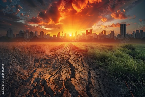 Impact of global warming showcase. Hot sun over city, sunset in fiery shades. Road to city dried, cracked. Contrasting separation, dry and green grass on dried ground. Heat turns city into dry desert