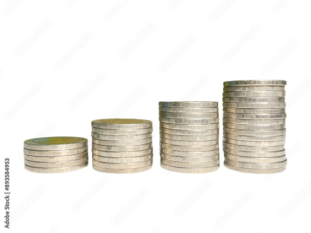 Coin on white background, stacked coins, isolated, sort by level, Thai bath Coin on white background, stacked coins, isolated, sort by level, Thai bath
