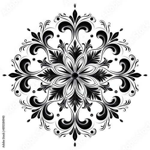 A symmetrical black and white floral mandala with intricate details.