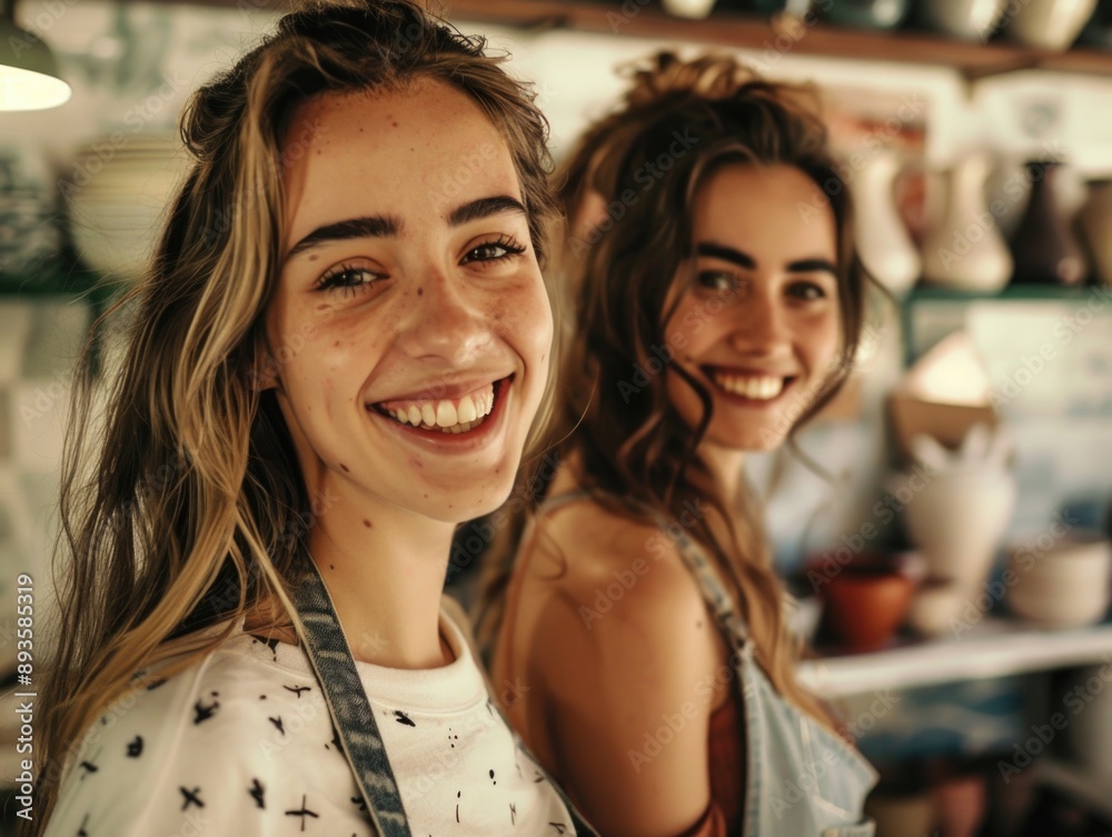 Two female friends or family members standing together in a kitchen, possibly discussing recipes or sharing a meal Two female friends or family members standing together in a kitchen, possibly discussing recipes or sharing a meal