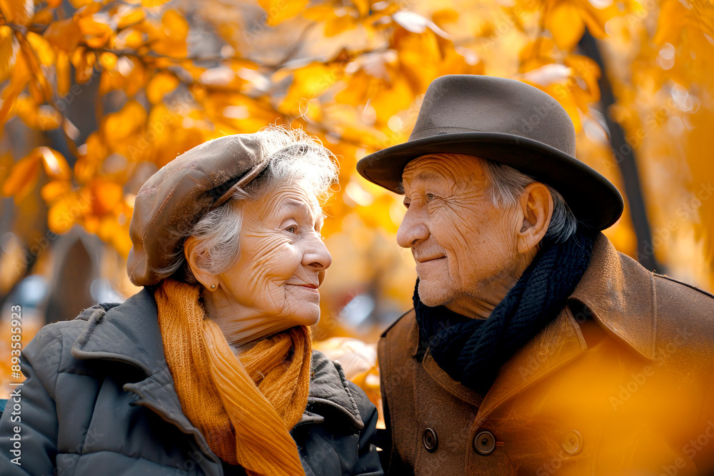 An elderly man and a woman are talking about something in an autumn park An elderly man and a woman are talking about something in an autumn park