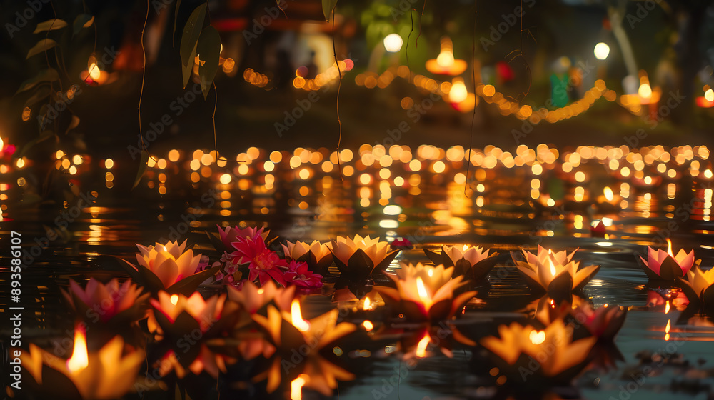 Traditional ceremony at a temple during Loy Kratong Festival, with lanterns illuminating the night sky Traditional ceremony at a temple during Loy Kratong Festival, with lanterns illuminating the night sky