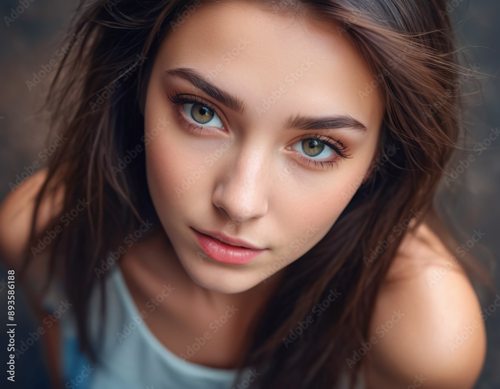 Captivating Gaze: A young woman with piercing green eyes looks directly at the camera, her expression both alluring and enigmatic Captivating Gaze: A young woman with piercing green eyes looks directly at the camera, her expression both alluring and enigmatic