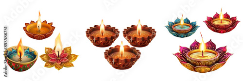 Set of clay lamps diyas for Diwali festival on transparent background 