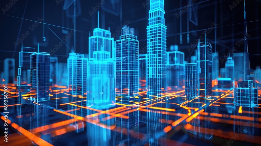 Holographic display of an architectural model with glowing lines Tech Holographic display of an architectural model with glowing lines Tech